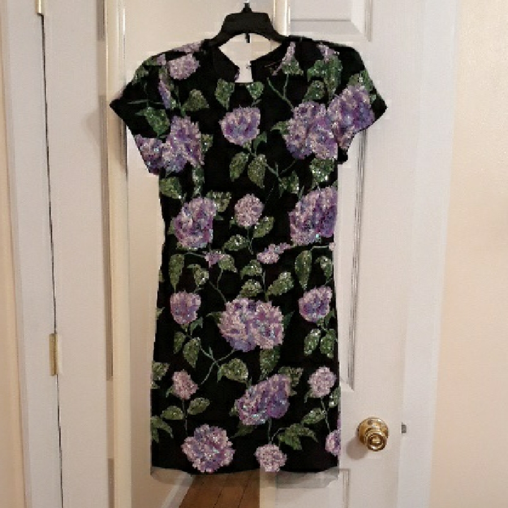 Milly Black Mini Dress with Purple Floral Sequin Embroidery